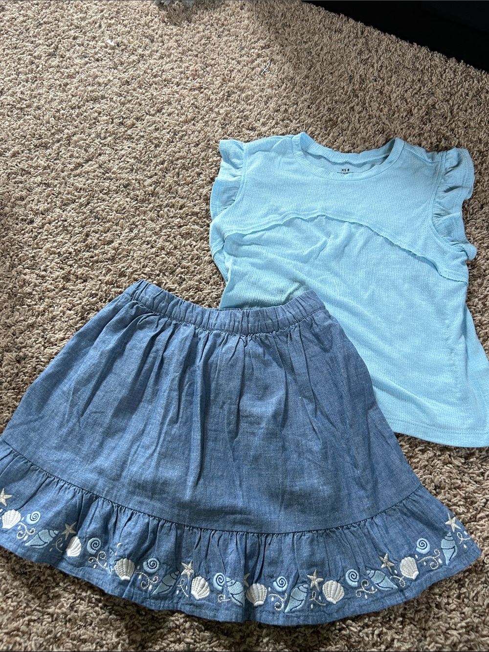 Maurices Light Blue Ruffle Sleeve Top (8) & Gymboree Blue denim Skirt(7) set.